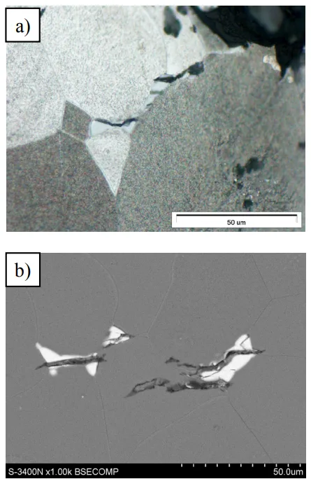 Fig. 5. Microcracks in massive phase on grain boundaries, sample E2, LM (a), SEM (b)