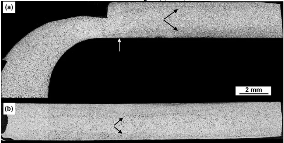 Fig. 3 Gate macrostructures. (a) longitudinal section of the runner-gate-casting junction where filling was from left to right. (b) transverse section just ahead of the gate (marked by white line in (a)) where filling was into the page. Black arrows mark bands of positive macrosegregation.