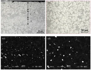 Figure 1. Microstructure of the as-cast HPVD sample: optical images near cast surface (a) and at the center (b); SEM electron backscattered images near cast surface (c) and at the center (d).