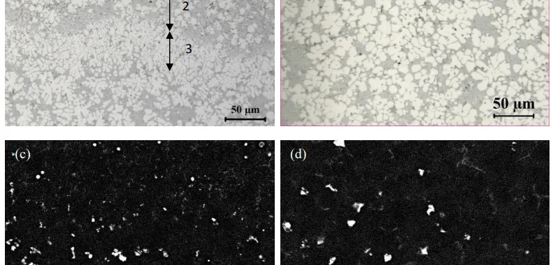 Figure 1. Microstructure of the as-cast HPVD sample: optical images near cast surface (a) and at the center (b); SEM electron backscattered images near cast surface (c) and at the center (d).