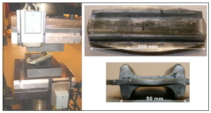 Figure 7. Forging die used on the laboratory-scale forging press (left) and detailed pictures of a forged piece (right)