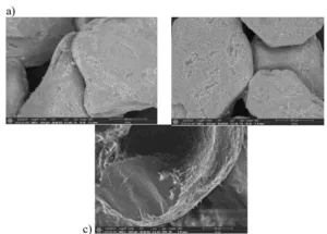 Fig. 3. Scanning images of the sand mixture samples containing 2.5 parts by weight of binder and hardener in an amount of 10% relative to the amount of binder: a, b - 500x, c - 800x