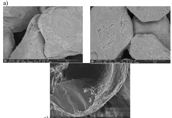Fig. 3. Scanning images of the sand mixture samples containing 2.5 parts by weight of binder and hardener in an amount of 10% relative to the amount of binder: a, b - 500x, c - 800x