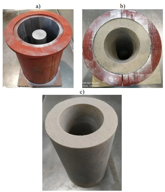 Fig. 6. Individual stages of mould making for ablation casting:
a - wooden flask, b – mould resting in the flask, c – mould ready
for pouring