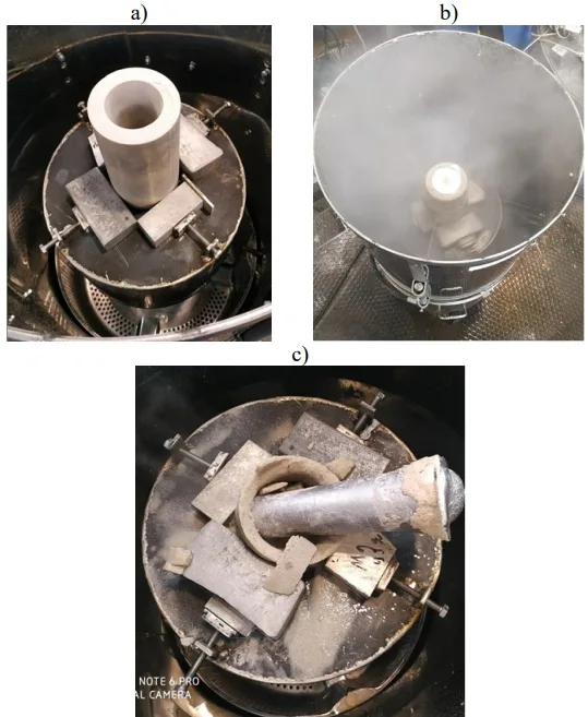 Fig. 7. The course of the modified ablation casting process, a - mould placed on the work table, b - mould cooled with water, c – view of the ready casting removed from the mould by ablation process.
