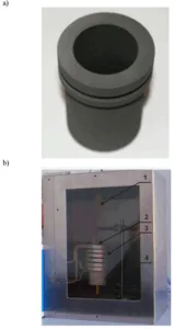 Fig. 1. a) Graphite crucible, b) Working chamber of the UMSA device: 1 –thermocouple, 2 – tested sample, 3 – induction coli, 4 – ceramic isolation