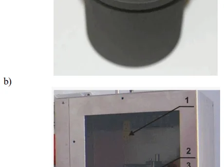 Fig. 1. a) Graphite crucible, b) Working chamber of the UMSA device: 1 –thermocouple, 2 – tested sample, 3 – induction coli, 4 – ceramic isolation