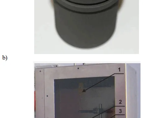 Fig. 1. a) Graphite crucible, b) Working chamber of the UMSA device: 1 –thermocouple, 2 – tested sample, 3 – induction coli, 4 – ceramic isolation