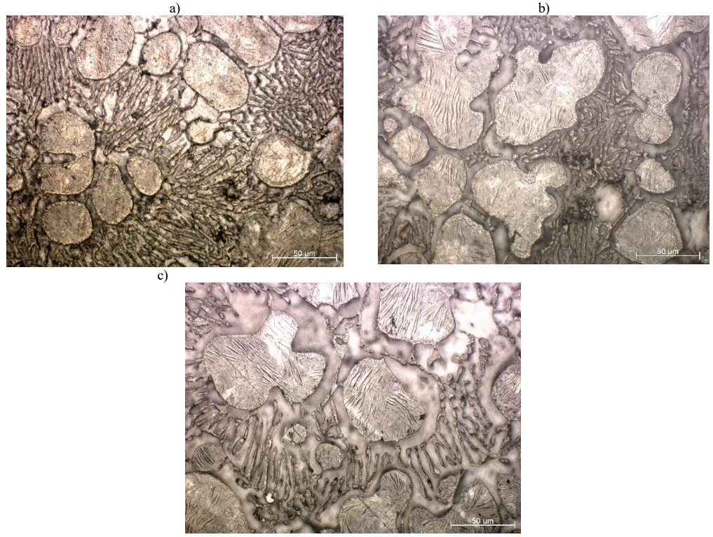 Fig. 2. Microstructure of the Zn-Al-Cu alloy;a) alloy without modification, b) modified alloy with Ti-B,c) modified alloy with Sr