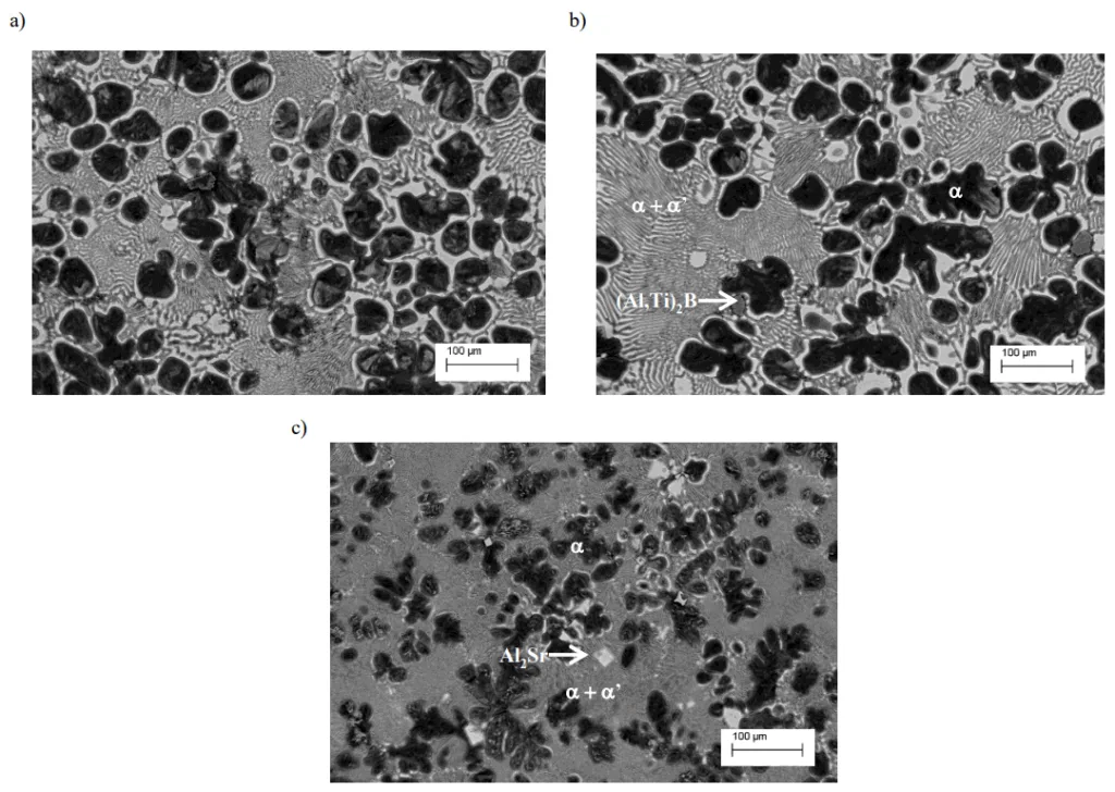Fig. 3. Microstructure of the Zn-Al-Cu alloy; a) alloy without modification,
b) modified alloy with Ti-B, c) modified alloy with Sr