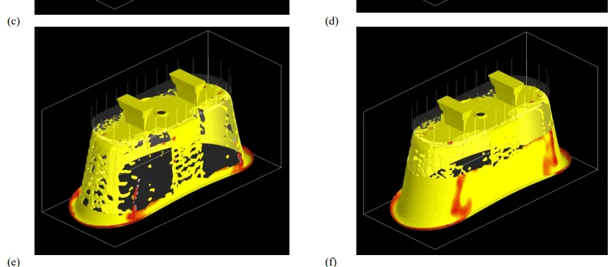 Fig. 5. Simulation of filling a thin-wall casting mould when filled in: (a) 15%; (b) 30%; (c) 50%; (d) 70%; (e) 100%; and (f) in the course of casting solidification