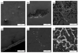 Figure 2: Scanning electron micrographs of oxidation samples after immersion for: a) 0.5 h, b) 1 h, c) 2 h; scanning electron micrographs of nitriding samples after immersion for d) 0.5 h, e) 1 h, f) 2 h