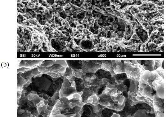 Fig. 6. SEM micrographs of fracture surface of HPDC AME505 alloy (after impact test)