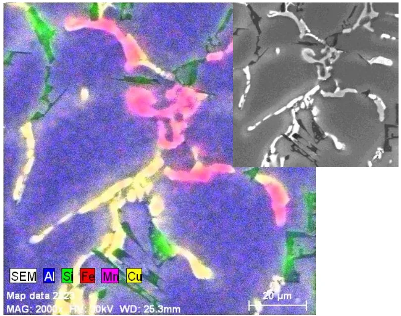 Fig. 4. EDX analysis of structural components in delivered ingots of AlSi6Cu4 cast alloy, etch. Dix-Keller