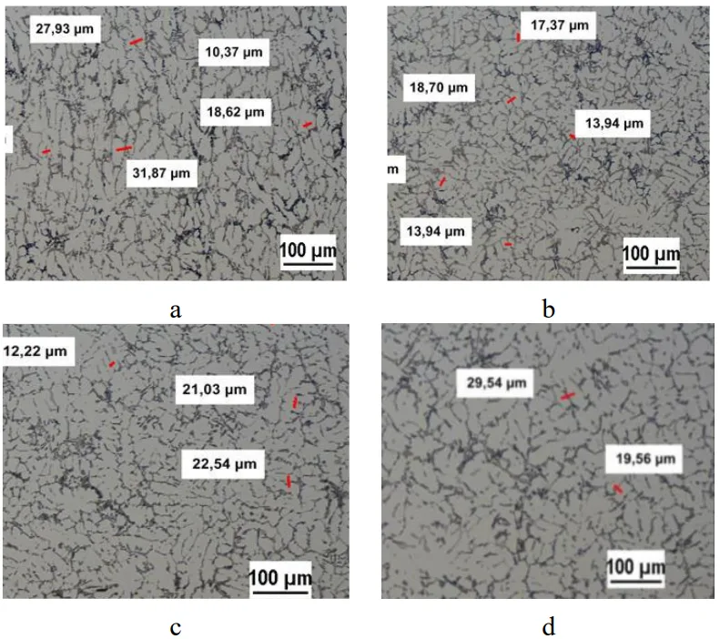 Fig. 6. Quantitative analysis of α-phase in step-casting, etch. Dix Keller a) 2 mm, b) 3 mm, c) 8 mm, d) 15 mm
