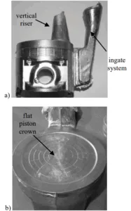 Fig. 3. Casts of an previous gasoline engine piston with diameter Ø 90 mm; a) after lowering the permanent mould casting machine; b) simply flat piston crown [7]