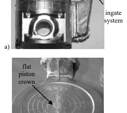 Fig. 3. Casts of an previous gasoline engine piston with diameter Ø 90 mm; a) after lowering the permanent mould casting machine; b) simply flat piston crown [7]