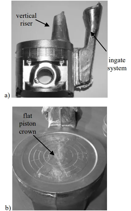 Fig. 3. Casts of an previous gasoline engine piston with diameter Ø 90 mm; a) after lowering the permanent mould casting machine; b) simply flat piston crown [7]