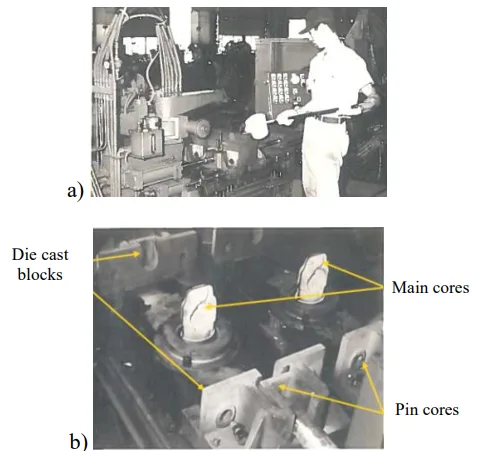 Fig. 1. Old method of casting pistons:
a) manual casting; b) single permanent mould casting machine [7]