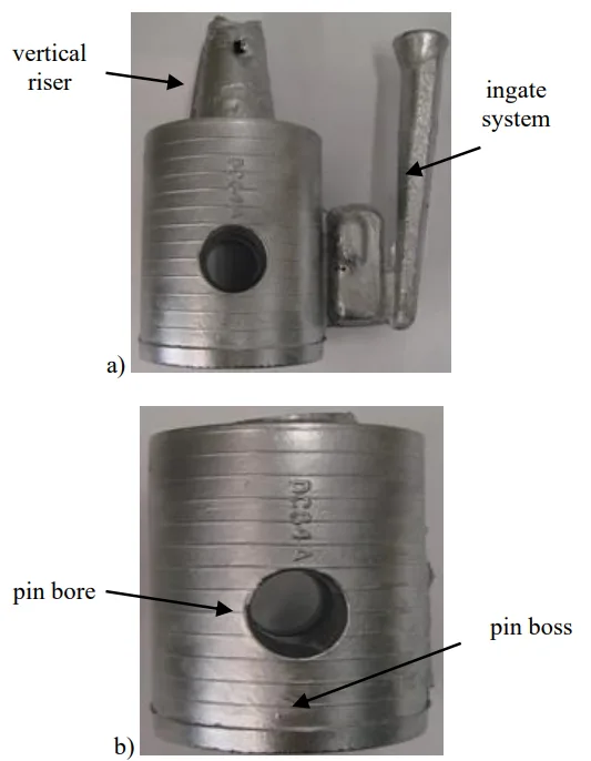 Fig. 4. Cast of an old Diesel engine piston with a) diameter Ø 110
mm; b) piston casting after cutting off ingate system and riser [7]
