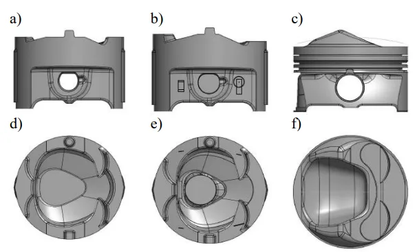 Fig. 7. Exemplary pistons for engines with direct ejection: a-c)
side view; d-f) piston head surface [7]