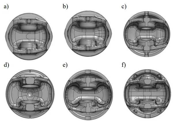 Fig. 9. Internal construction of the present pistons: a-c) pistons
from Figure 7; d-f) pistons from Figure 8 [7]