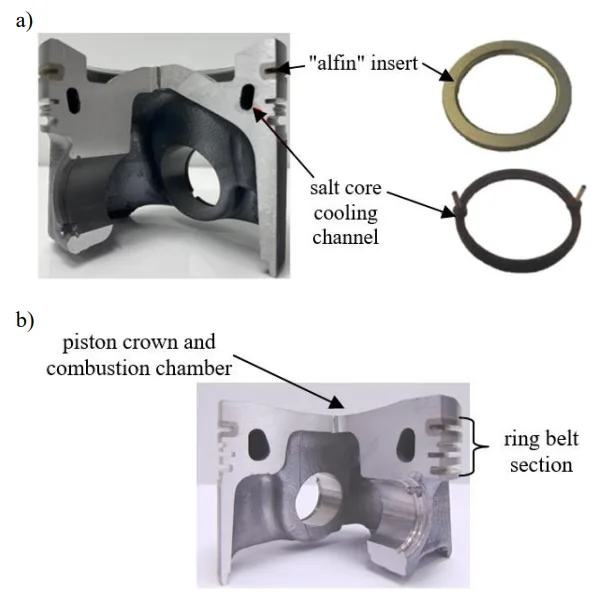 Fig. 10. Modern pistons with a ring insert and a salt core for:
a) a Diesel engine, b) a gasoline engine [7]