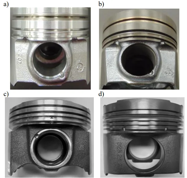 Fig. 11. Pistons for a Diesel engine: a) aluminium before phosphatizing; b) aluminium after phosphatizing; c) steel before manganese phosphatizing; d) steel after manganese phosphatizing [7]