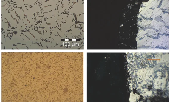 Fig. 2. Structure of the sand cast alloy(top left) and anodic layer (top right) and structure of the high pressure cast (bottom left) and anodic layer (bottom right) produced on the composite EN-ACAlSi9Cu3