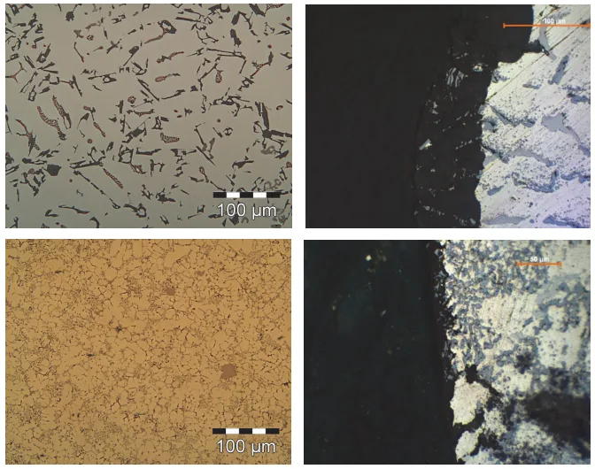 Fig. 2. Structure of the sand cast alloy(top left) and anodic layer (top right) and structure of the high pressure cast (bottom left) and anodic layer (bottom right) produced on the composite EN-ACAlSi9Cu3