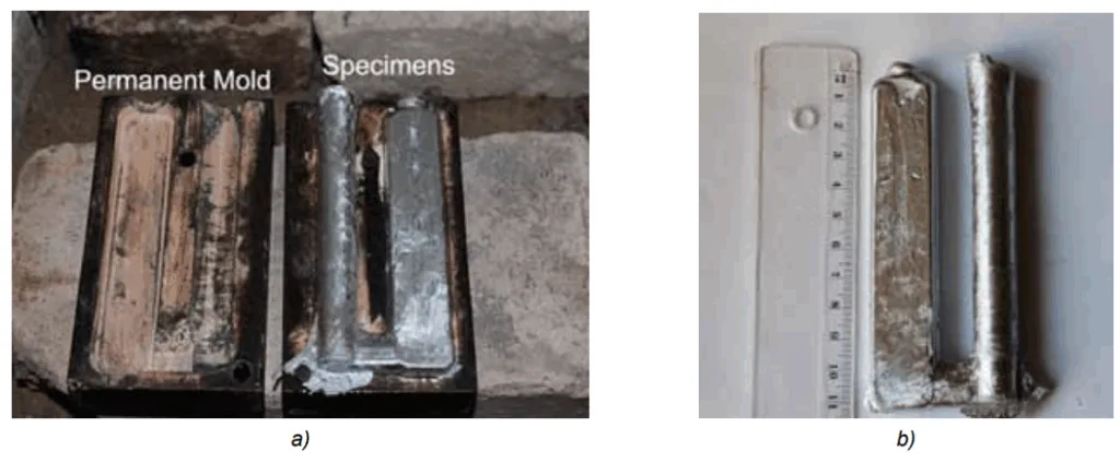 Fig. 4. Mold after casting (a) and specimens obtained from alloys subjected to research program (b)