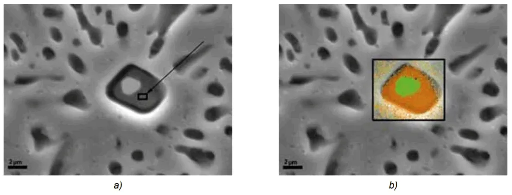 Fig. 7. Morphology of primary Mg2 Si crystal (a), nucleation particle inside of Mg2 Si, and distribution of Ti concentration (green) inside the crystal Mg2 Si (brown) (b)