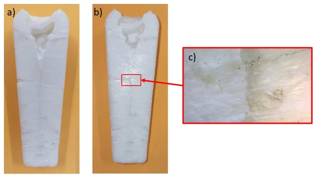 Fig. 4. Shrinkage in casted stearin a) left side; b) right side; c) detail