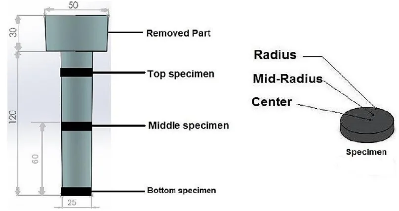 Figure 3 : A schematic illustration of theAA7075 wrought Al alloy CS casting billet showing its main dimensions and the positions of the metallographic specimens. (Dimensions in mm)