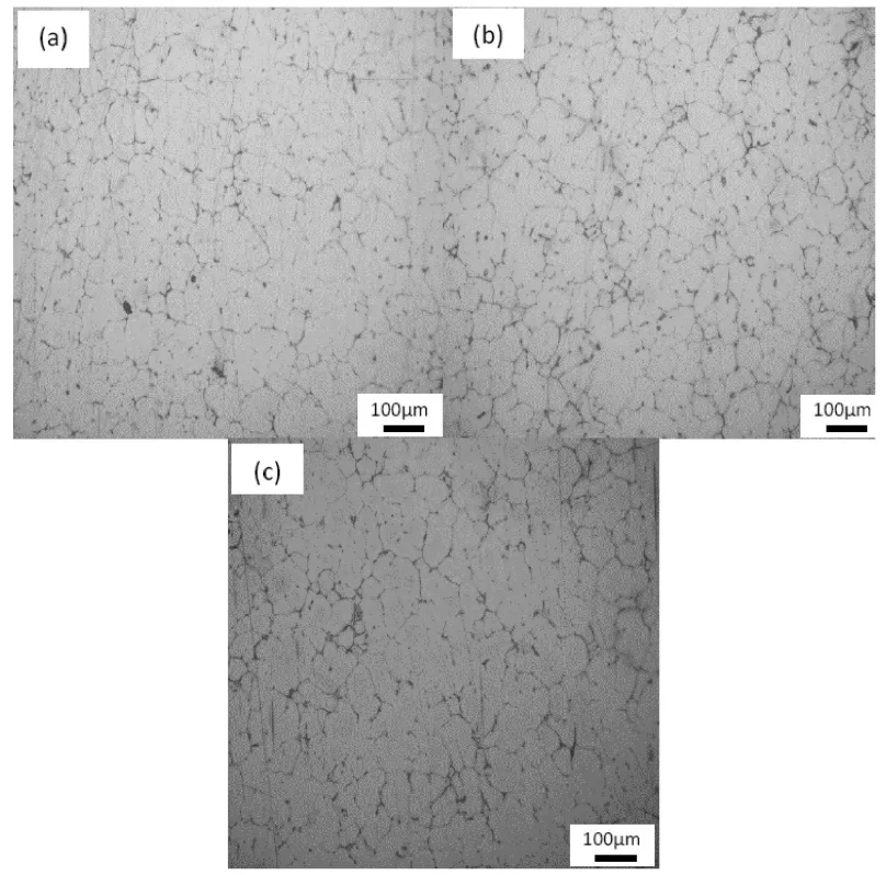Figure 4 : The microstructure of billets poured at constant pouring temperature of 650 oC, constant tilt angle of 30 o mm, and several pouring lengths of: (a) 200 mm, (b) 350 mm and (c) 500 mm. The micrographs were captured frombottom and radius positions of the billets