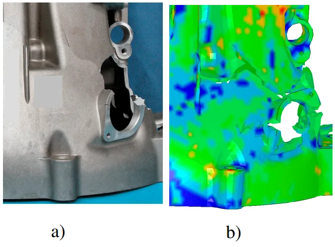 Fig. 9: Damage pattern in experiment a) and
in simulation with Bi-Failure model b)
