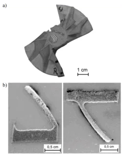 Fig. 4. Cut-up composite casting (a) and parts of occluded blades (b)
