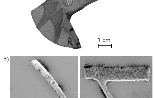 Fig. 4. Cut-up composite casting (a) and parts of occluded blades (b)