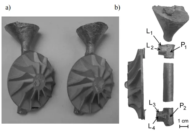 Fig. 3. Raw composite castings: a) view; b) after initial cutting 