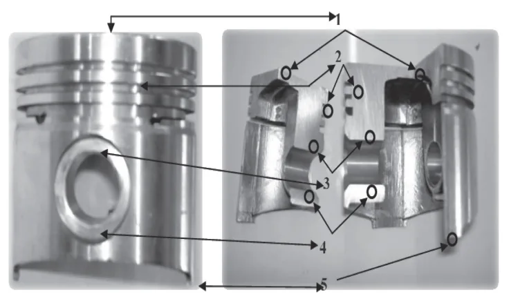 Fig. 5: Regions of piston studied: 1-top position, 2- piston ring position, 3- top pin position, 4- down pin position, 5- skirt position