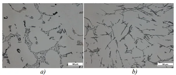 Fig. 1. Microstructures of alloys a) AlSi7Mg0.3 alloy b) with
70 000 ppm of AlFe10 and without addition of AlNi20