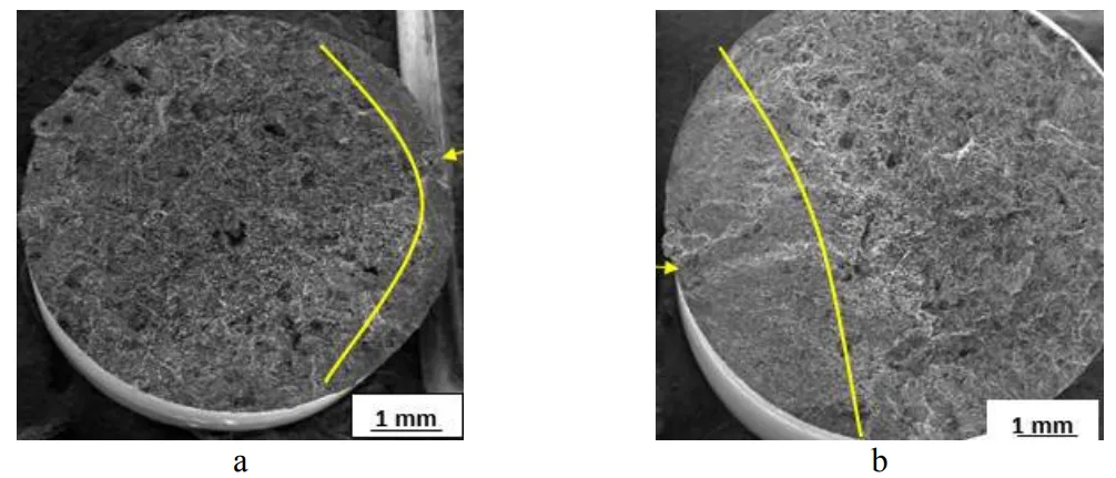 Fig.2. Typical fatigue fracture surfaces (Stage I, Stage II, Stage III) for experimental samples casted into a sand mould, SEM a) σa = 88 MPa, Nf = 11 560 cycles; b) σa = 54 MPa, Nf = 5.106  cycles