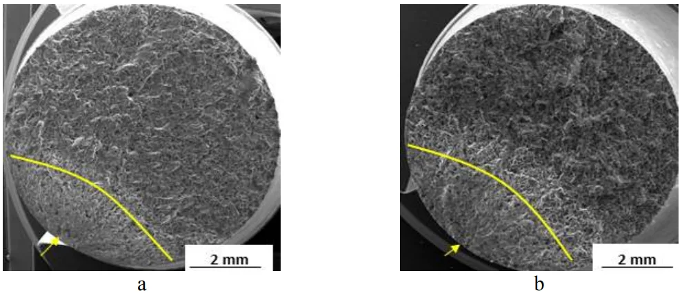 Fig.3. Typical fatigue fracture surfaces (Stage I, Stage II, Stage III) for experimental samples casted into a metallic mould, SEM a) σa = 85 MPa, Nf = 2,8.106  cycles; b) σa = 50 MPa, Nf = 2.107  cycles