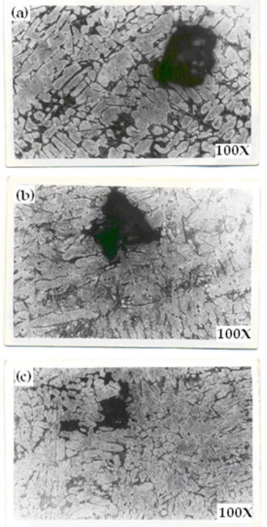Figure 1: Microstructures of Al-Si-Mg-Fe alloys produced by (a) sand cast (b) investment cast, and (c) die cast processes