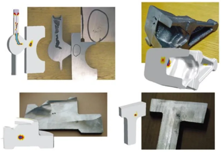 Fig. 6: Shrinkage prediction and reality. Examples display the accuracy of shrinkage prediction for different cast iron castings.