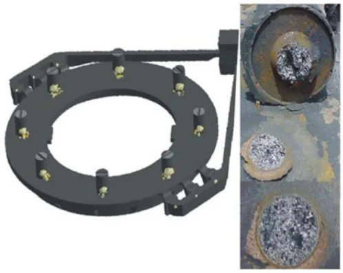 Fig. 5: Predicting shrinkage in cast iron components. Secondary shrinkage below risers is shown for a ductile iron ring casting. This confirms that a simple heat flow calculation is not sufficient, as it only shows a ring shaped temperature distribution in the center of the casting. Only the combination of local shrinking and expansion behavior leads to a correct defect prediction.