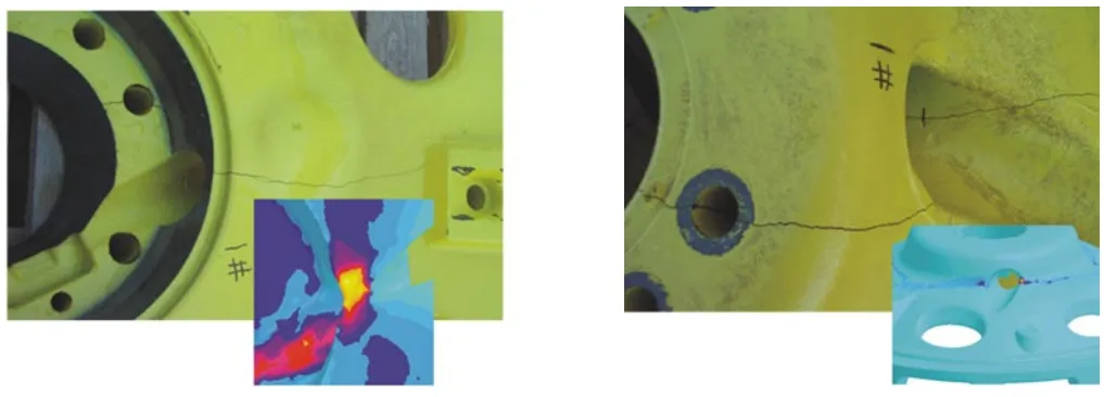 Fig. 14: Crack formation in wheel weights. These grey iron castings didn‘t appear to have any defects after casting and did not show any obvious cracks or discontinuities during machining and painting. However, when the weights were mounted to the wheels, cracks appeared. Simulation of residual stresses showed that the material around the valve stem hole was damaged in the casting process. The residual stresses were not high enough to crack the casting during cooling, but the added load during mounting led to stresses exceeding the strength of the cast iron. The simulation depicts the starting point of crack (left). Additionally, high strains and strain rates during solidification, indicators for hot tearing, led to damaging conditions in the area where the crack migrated through the casting (right). The conclusion was that the design of the casting needed to be modified. With the new design, none of the castings failed during mounting.