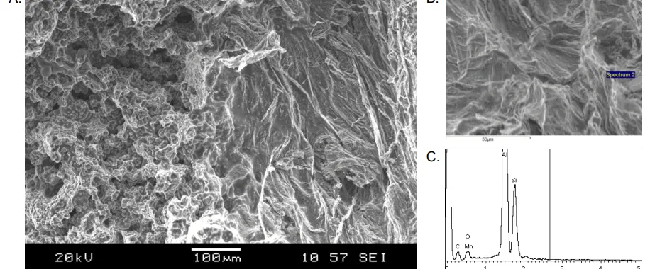 Fig.1: An SEM image of an air-pore (A, right), associated with a region of micro-shrinkage porosity (A, left), alongside with a higher magnification view of the air-pore (B), showing the location that the EDX spectrum (C) was sampled from
