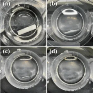 Fig. 5. Water soluble experiments of the KCl-based salt core reinforced by 0.3 wt% glass fiber in room temperature: (a) 0 h, (b) 2 h, (c) 4 h, (d) 6 h.