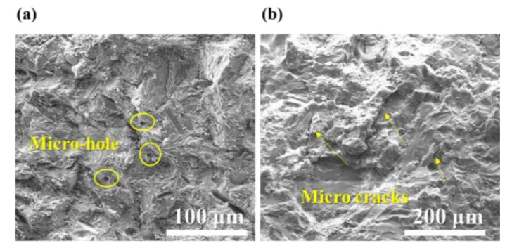 Fig. 6. SEM micrographs of the fractured salt core: (a) unreinforced, (b) with 0.3 wt% glass fiber